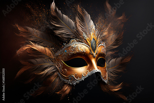 Luxury carnival mask, with golden and black feathers on a black background, generative ai