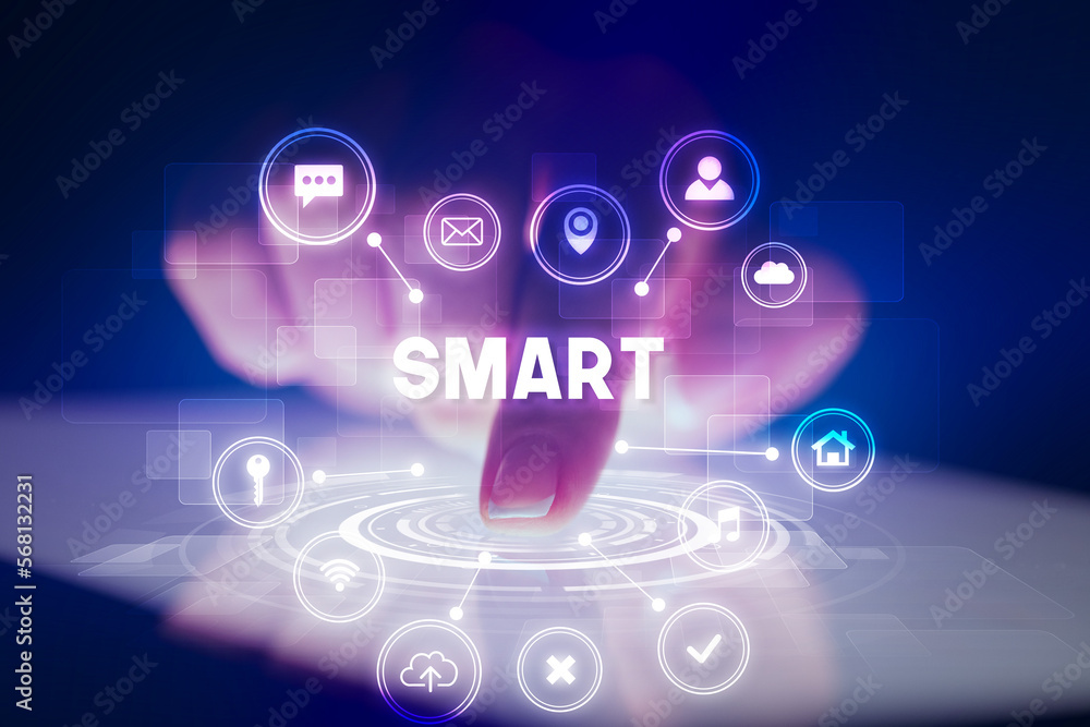 Finger touching tablet with web technology icons concept Finger touching tablet with web technology icons concept