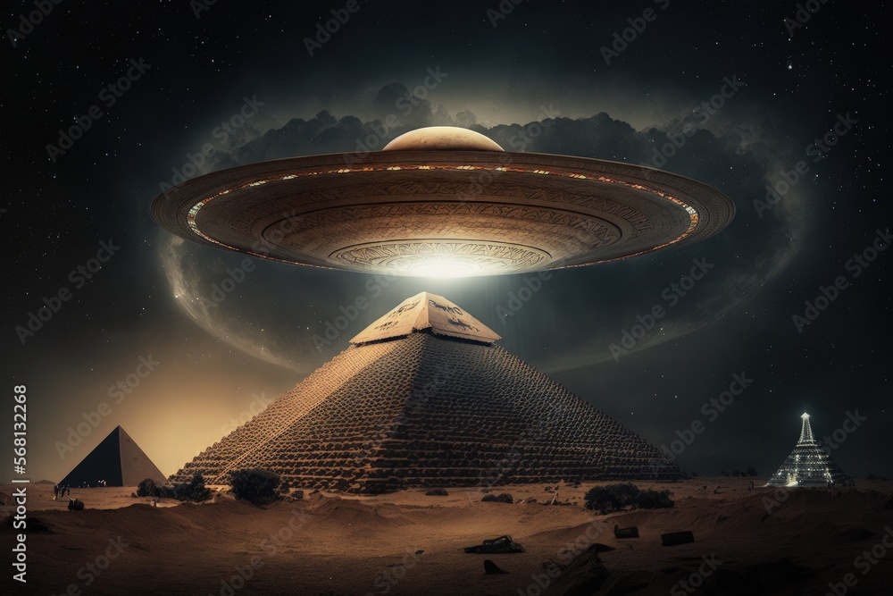 Flying saucer flying over pyramids of the, alien ship in the desert ...