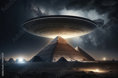 Flying saucer flying over pyramids of the, alien ship in the desert, digital illustration, AI