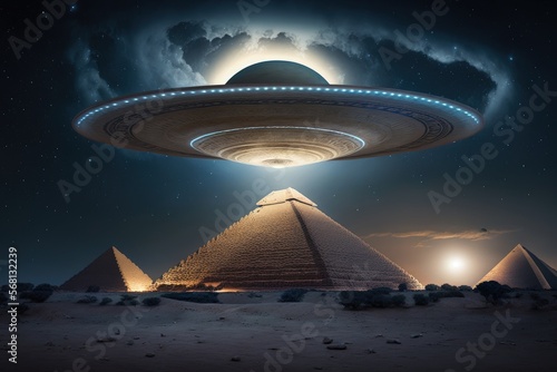 Flying saucer flying over pyramids of the, alien ship in the desert, digital illustration, AI