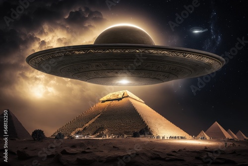Flying saucer flying over pyramids of the, alien ship in the desert, digital illustration, AI