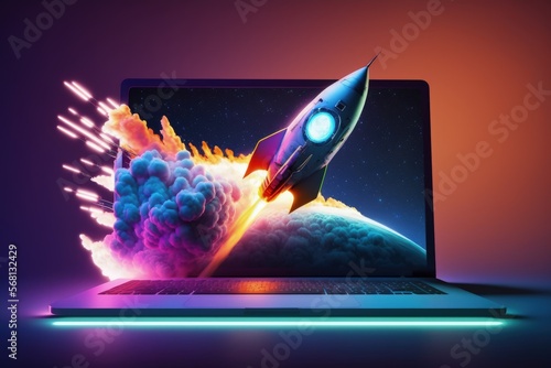 Rocket flying from laptop screen on background with neon effect, startup concept, Generative AI 