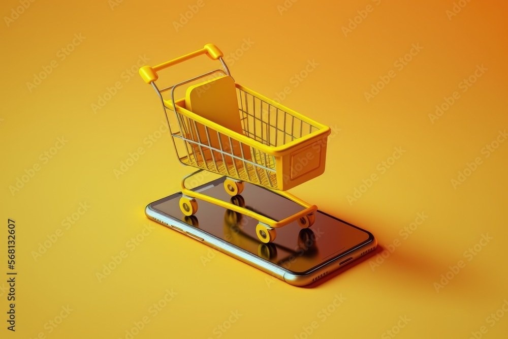 Mobile phone with shopping cart on yellow background, digital illustration, AI Mobile phone with shopping cart on yellow background, digital illustration, AI