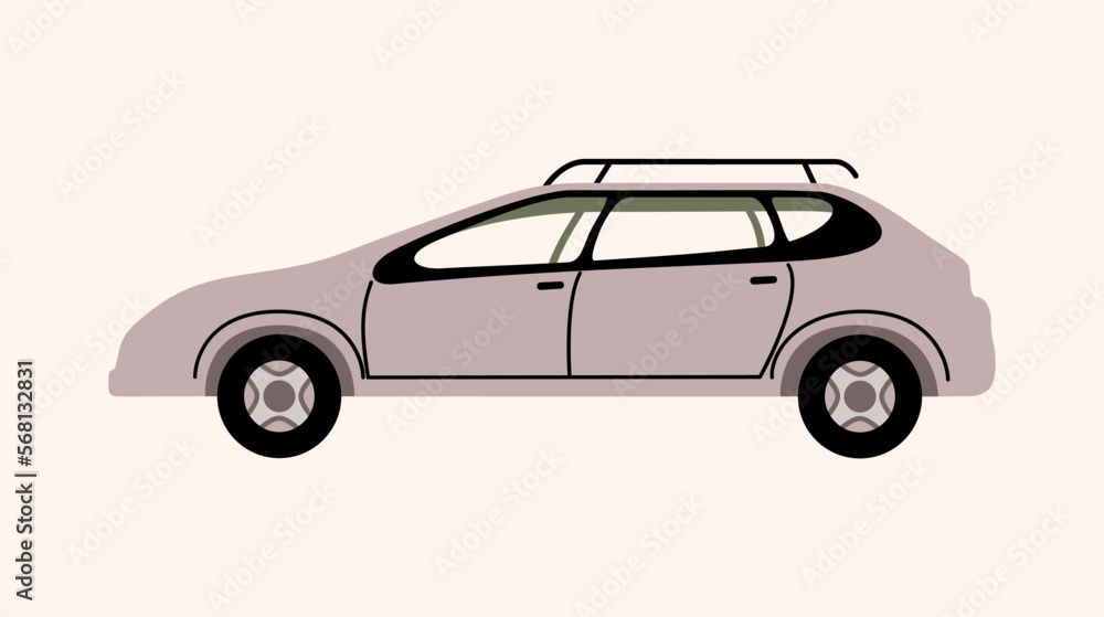 Car or vehicle. Automobile, motor transport concept. Car icons in a hand-drawn style. Cartoon transport. Gray car icon without gradients and effects. Design element. Modern city car. Side view.