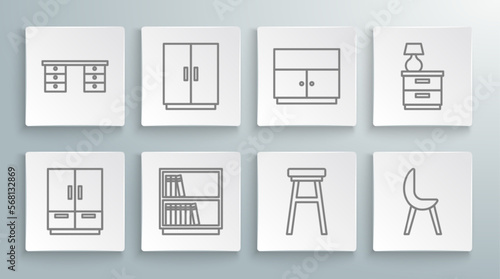 Set line Wardrobe, Library bookshelf, Chair, Armchair, Furniture nightstand with lamp and Office desk icon. Vector