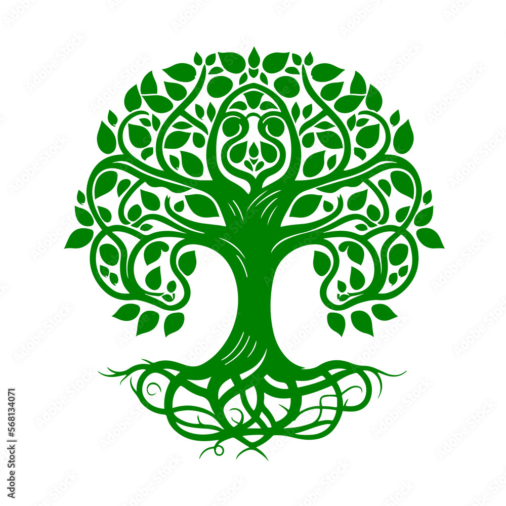 Beautiful curly green tree with roots. Monochrome vector illustration ...