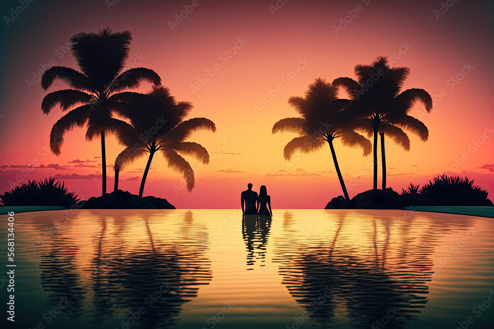 a couple in the pool between palm trees at sunset.