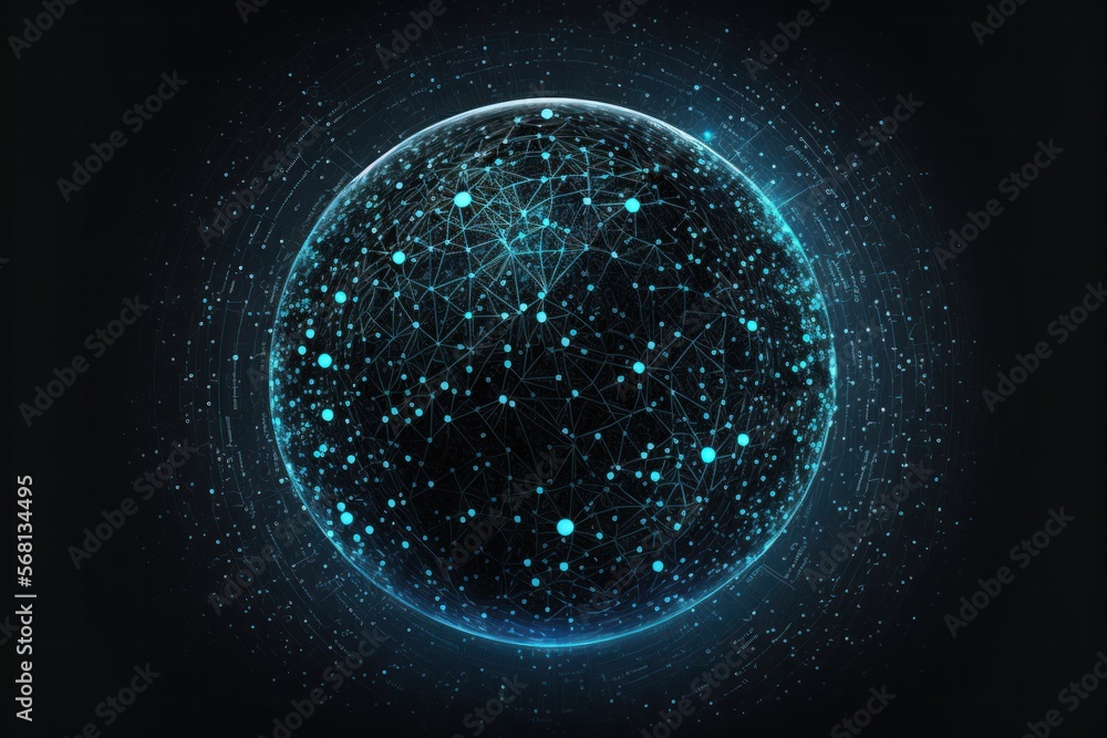 Conceptual Image of Cybersecurity for Future Technology: A Radiant Blue, earth like Sphere with Illuminated Lines -Generative Ai