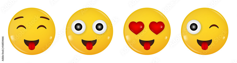 Fototapeta premium Set of smiling Faces With Hearts. Love Emoji. Yellow glossy 3d emotion. Heart-shaped eyes. In love smile. Red hearts. Laughing face showing tongue. Wink