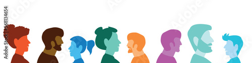Diverse people silhouettes, multiracial, multicultural crowd of men and women, side view portraits. Vector group of caucasian, afro american citizens. Multi-ethnic popularity, equality, togetherness