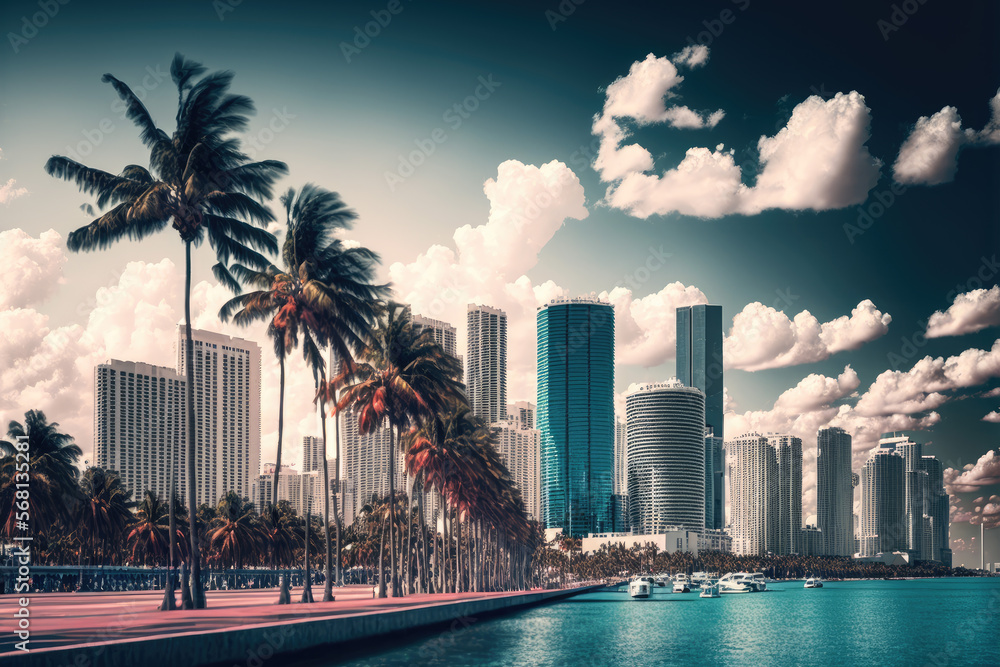 downtown of a waterfront city like miami. Generative AI
