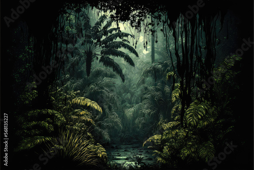 Fototapeta Naklejka Na Ścianę i Meble -  dark prehistoric jungle. Generative AI