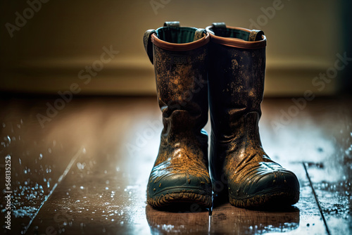 dirty damp rubber boots in the house on the floor. Generative AI