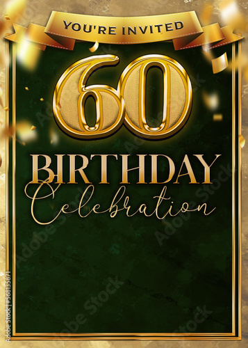 60th Birthday Celebration Flyer Design Emerald Green Gold Template