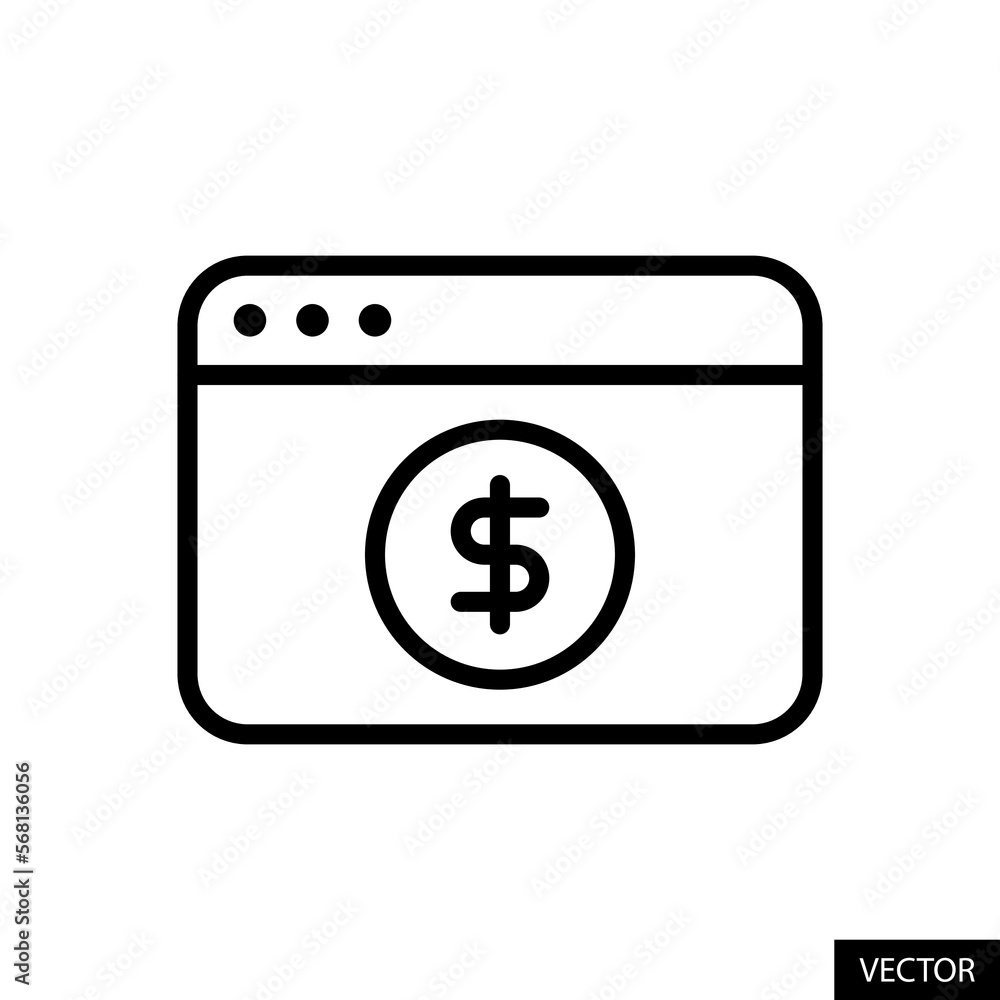 Website monetization vector icon in line style design for website, app, UI, isolated on white background. Editable stroke. Vector illustration. Website monetization vector icon in line style design for website, app, UI, isolated on white background. Editable stroke. Vector illustration.