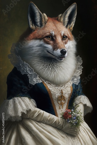  Fox dressed up in wedding dress. Generative AI © Razvan