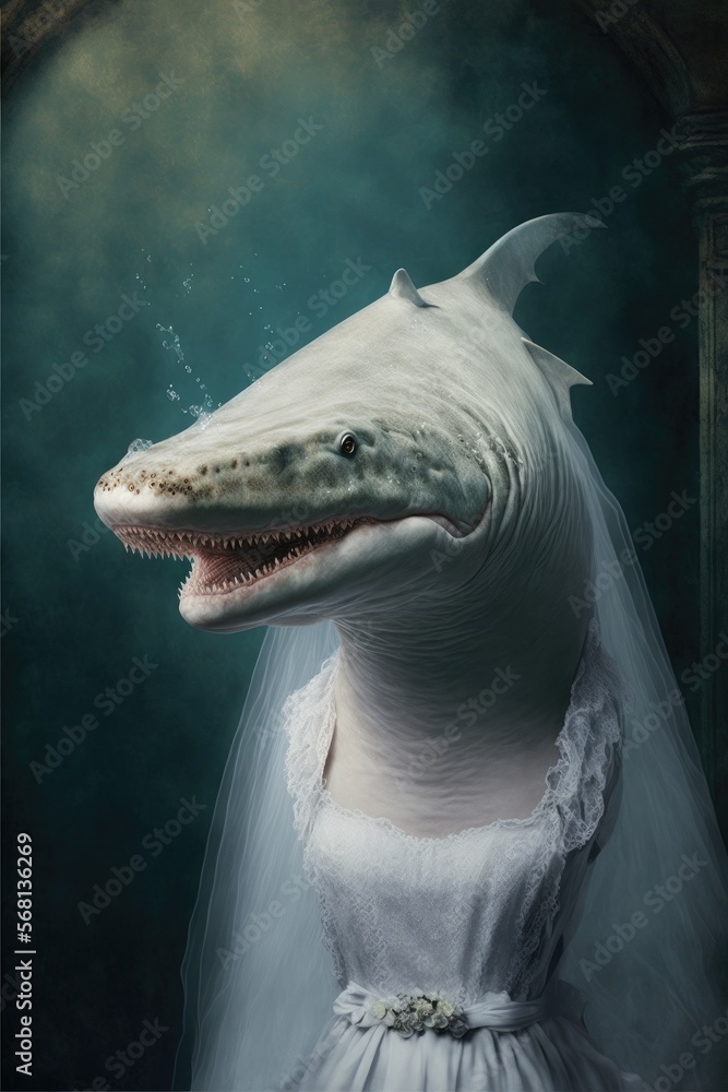 Naklejka premium Hammerhead shark dressed up in wedding dress. Generative AI
