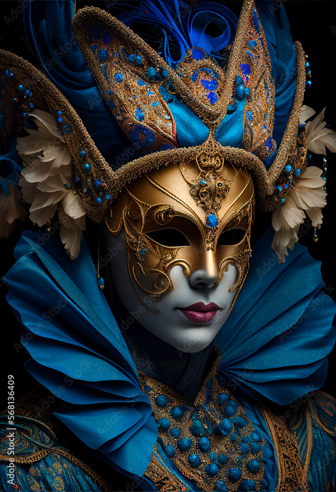 Beautiful Venetian carnival mask isolated on black background. Generative AI