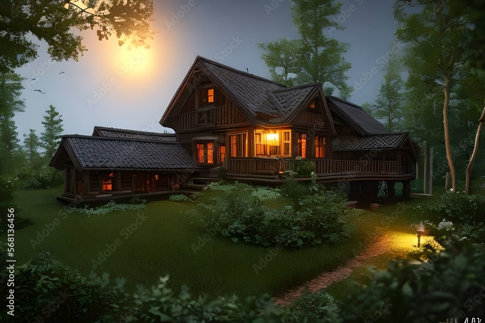 House in the forest, House at night time