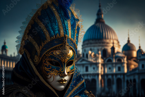 Venetian mask in front of Basilica di Santa Maria della Salute, Venice, Italy. Generative AI © Vitor Miranda