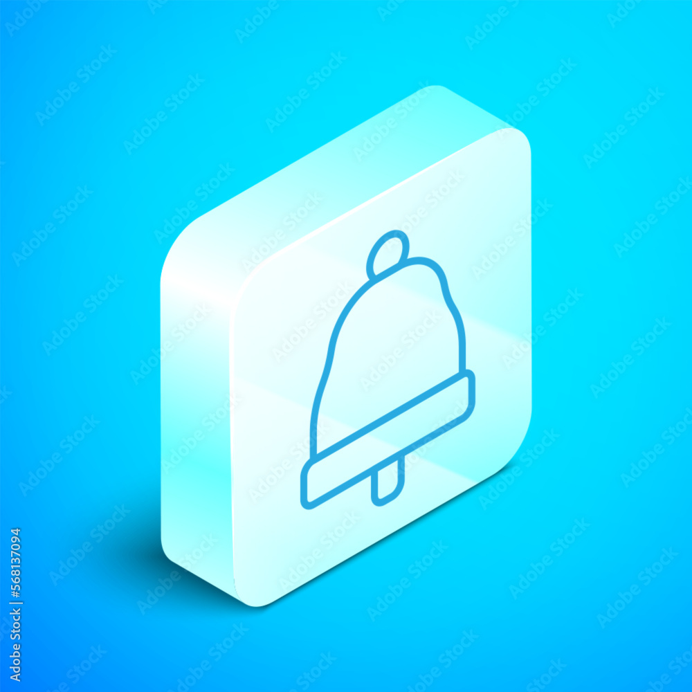 Isometric line Ringing bell icon isolated on blue background. Alarm symbol, service bell, handbell sign, notification symbol. Silver square button. Vector Isometric line Ringing bell icon isolated on blue background. Alarm symbol, service bell, handbell sign, notification symbol. Silver square button. Vector