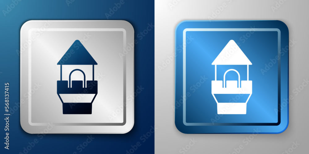 White Castle tower icon isolated on blue and grey background. Fortress sign. Silver and blue square button. Vector White Castle tower icon isolated on blue and grey background. Fortress sign. Silver and blue square button. Vector