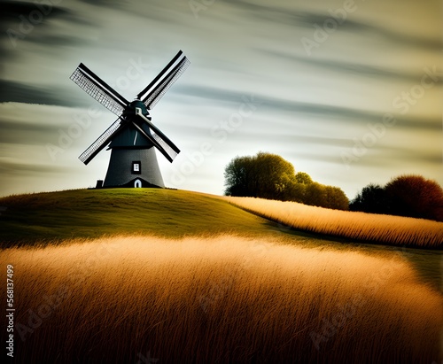 Old Windmill, Generative AI Illustration photo