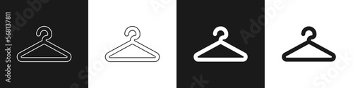 Set Hanger wardrobe icon isolated on black and white background. Cloakroom icon. Clothes service symbol. Laundry hanger sign. Vector