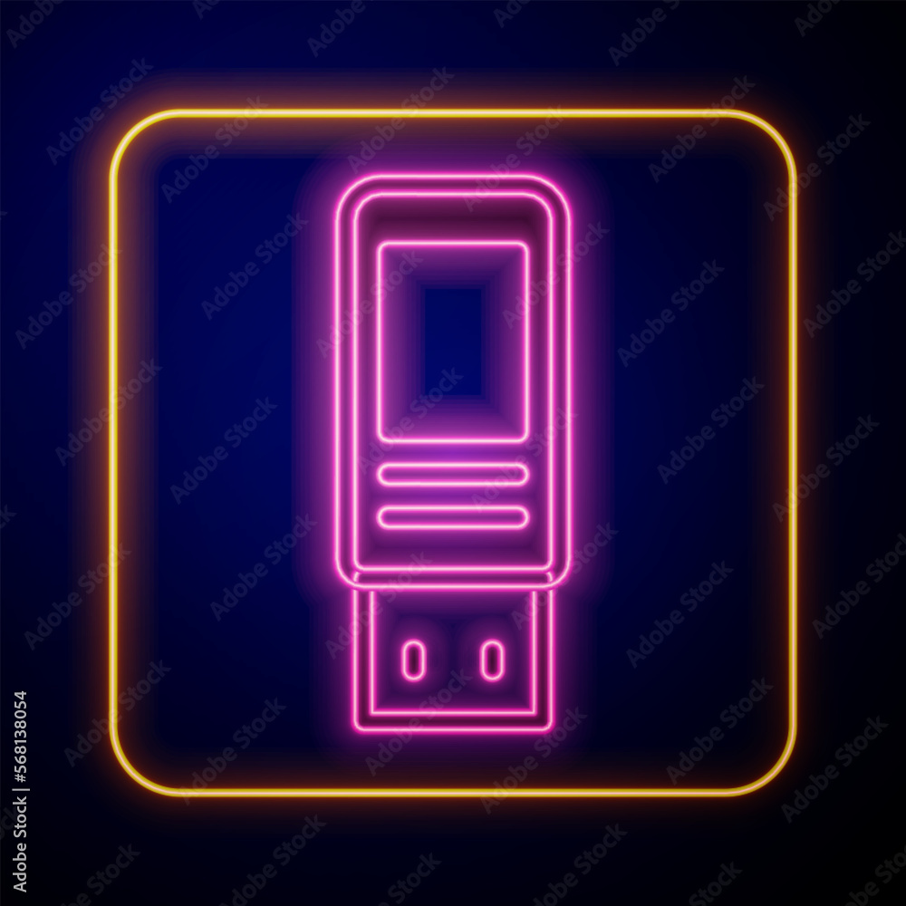 Glowing neon USB flash drive icon isolated on black background. Vector Glowing neon USB flash drive icon isolated on black background. Vector