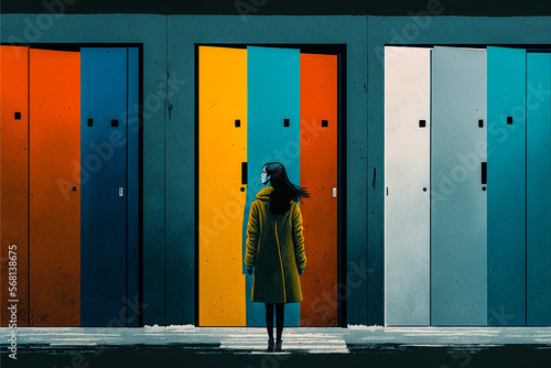 Femme debout devant plusieurs portes colorées. Concept de choix, avenir, succès, direction, opportunité, solution - Générative IA