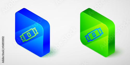 Isometric line Sugar stick packets icon isolated grey background. Blank individual package for bulk food products as coffee, salt, spices. Blue and green square button. Vector