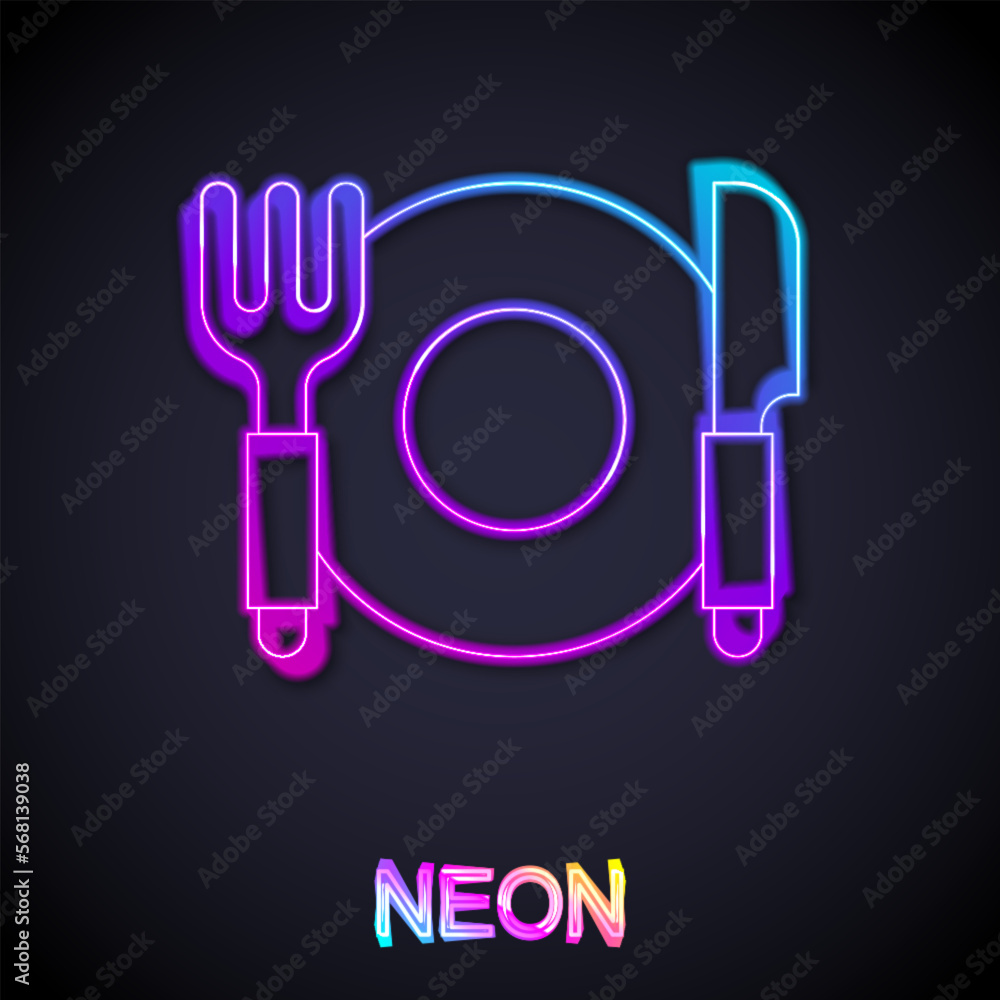 Glowing neon line Plate, fork and knife icon isolated on black background. Cutlery symbol. Restaurant sign. Vector Glowing neon line Plate, fork and knife icon isolated on black background. Cutlery symbol. Restaurant sign. Vector