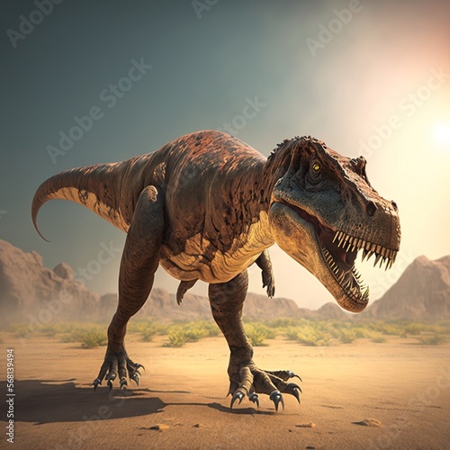 Beautiful huge cartoon dinosaur. Jurassic period  antediluvian animal  theranosaurus rex  predator in the jungle in search of prey. AI