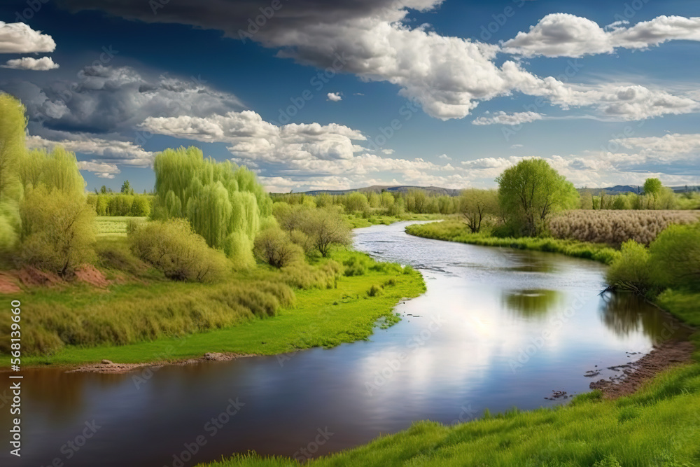 Beautiful spring green landscape with flowing river and fluffy clouds. Beautiful nature on spring. No people, art illustration 