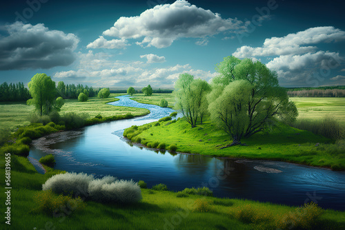 Beautiful spring green landscape with flowing river and fluffy clouds. Beautiful nature on spring. No people, art illustration 