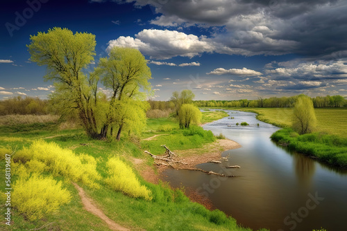 Beautiful spring green landscape with flowing river and fluffy clouds. Beautiful nature on spring. No people  art illustration 
