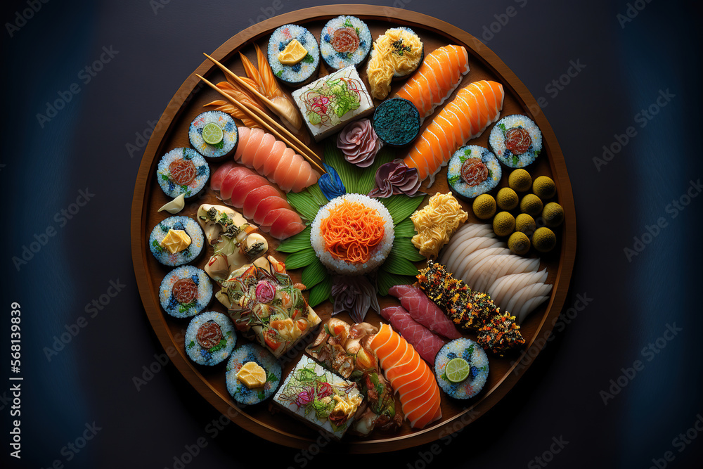 Food, the most amazing platter of sushi, art illustration 