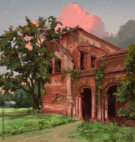 Digital painting of an old abandoned Zamindar house. Morning sky. photo