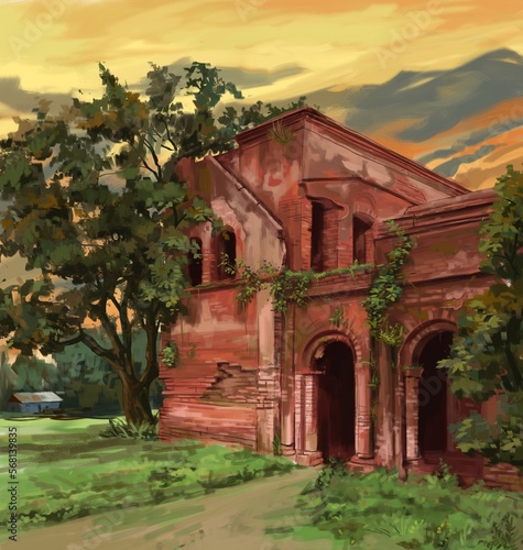 Digital painting of an old abandoned Zamindar house. Evening sky. photo