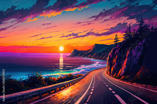 highway landscape at colorful sunset. Road view on the sea. colorful seascape with beautiful road, art illustration  © vvalentine