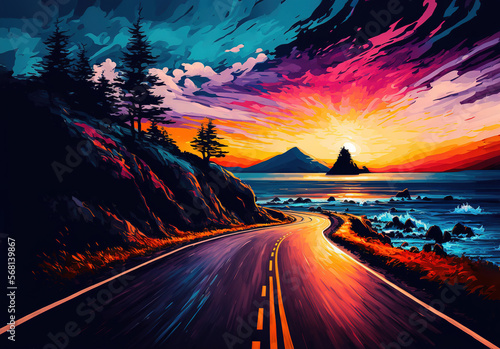 highway landscape at colorful sunset. Road view on the sea. colorful seascape with beautiful road, art illustration 