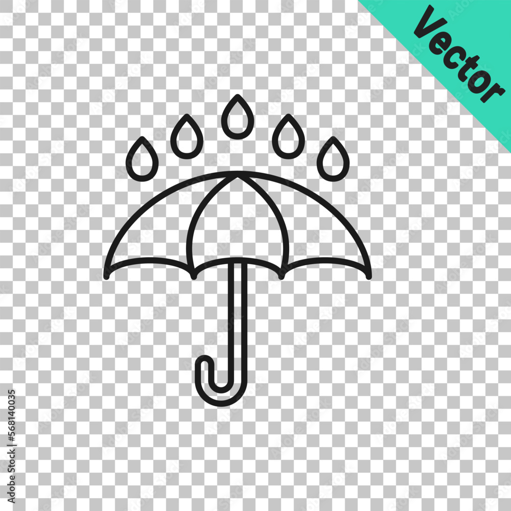 Black line Umbrella and rain drops icon isolated on transparent background. Waterproof icon. Protection, safety, security concept. Water resistant symbol. Vector Black line Umbrella and rain drops icon isolated on transparent background. Waterproof icon. Protection, safety, security concept. Water resistant symbol. Vector