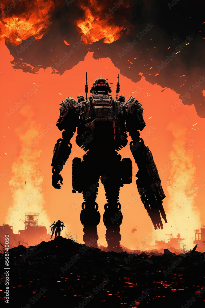 Fototapeta premium Sci fi scene, robot warrior, war, fire, futuristic, art illustration 