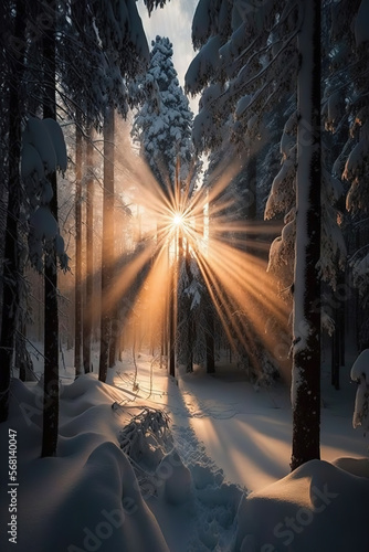 Rays in winter forest, nature landscape, art illustration  © vvalentine