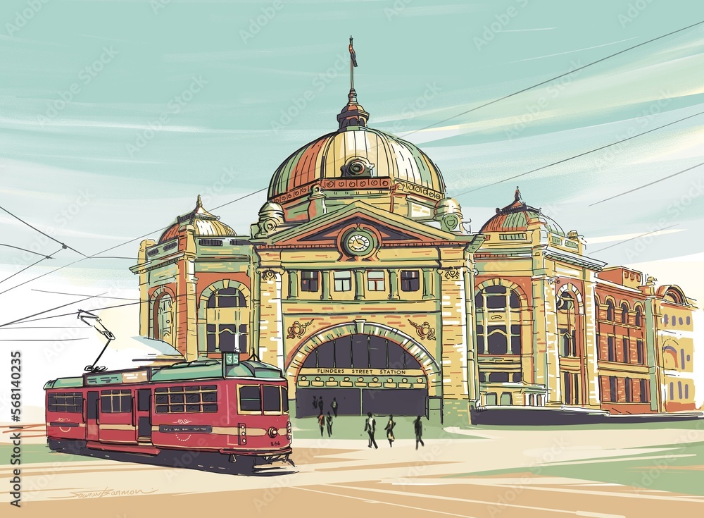 Fototapeta premium Digital illustration of Flinders street station, Melbourne.