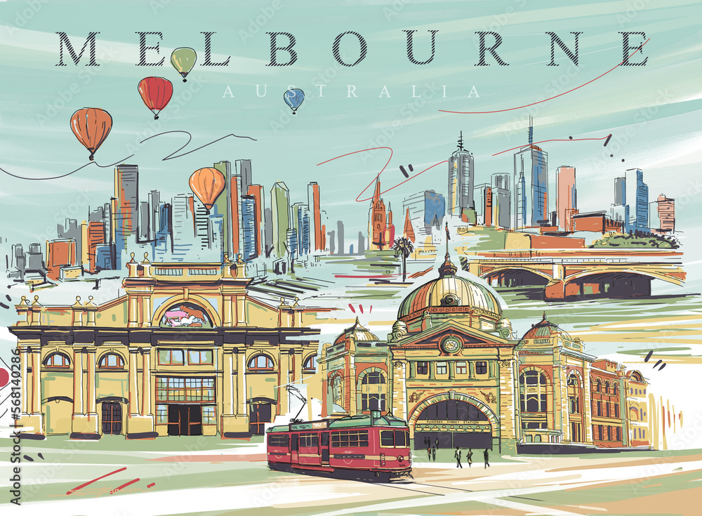 Naklejka premium Digital illustration of iconic places in Melbourne.