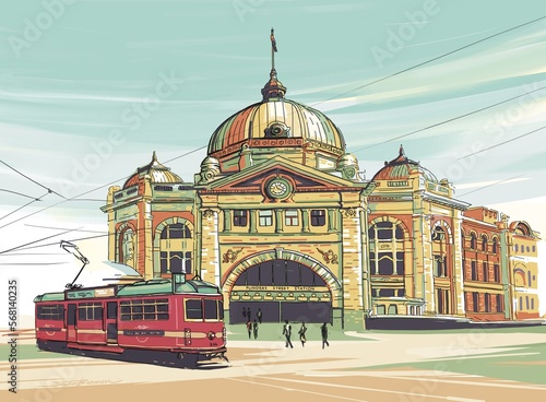 Digital illustration of Flinders street station, Melbourne. photo