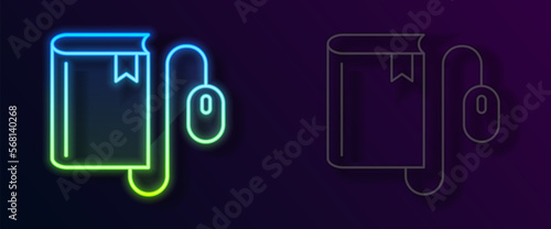 Glowing neon line Electronic book with mouse icon isolated on black background. Online education concept. E-book badge icon. Vector