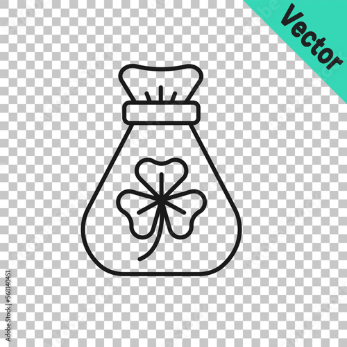 Black line Money bag with clover trefoil leaf icon isolated on transparent background. Happy Saint Patricks day. National Irish holiday. Vector
